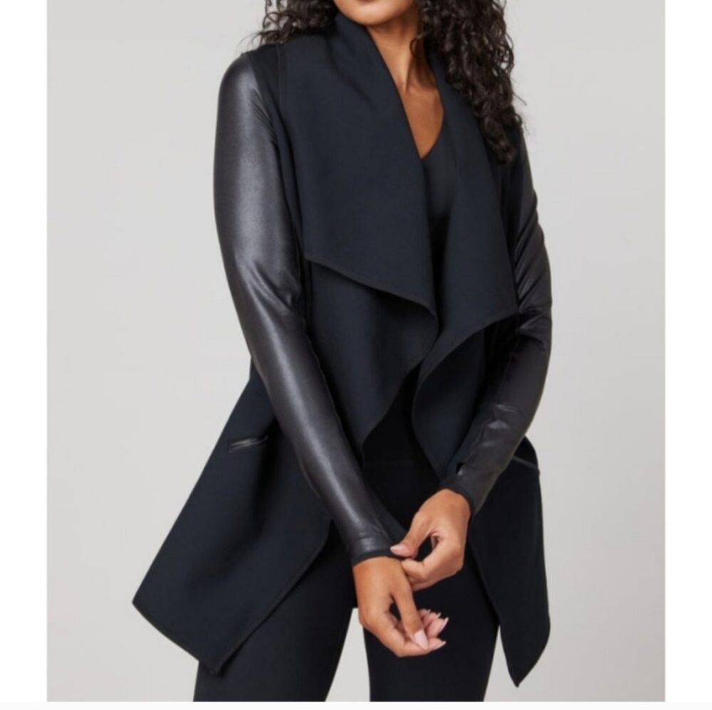 SPANX Black Faux Leather Ponte Knit Convertible Wrap Jacket Large